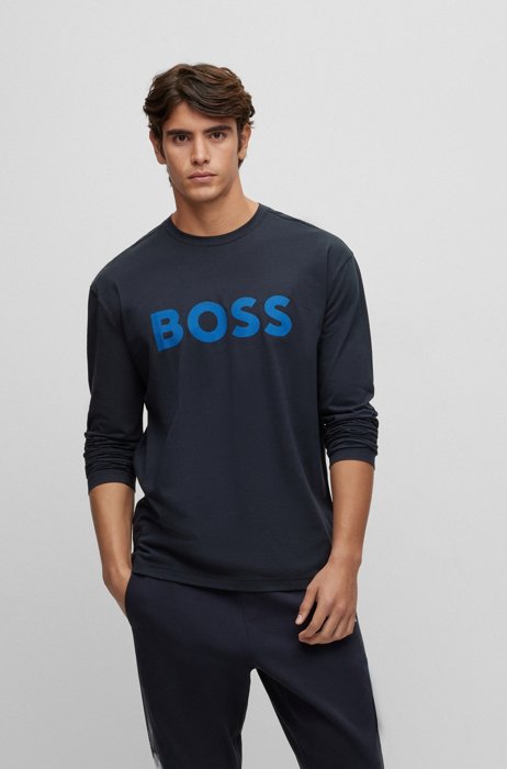 Cotton-jersey long-sleeved T-shirt with logo print, Dark Blue