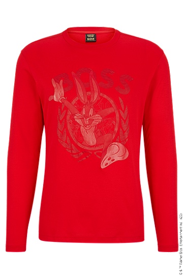BOSS 博斯专有艺术风图案丝光棉质长袖 T 恤,  624_Bright Red