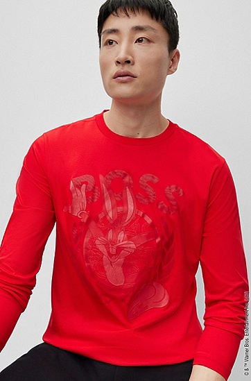 BOSS 博斯专有艺术风图案丝光棉质长袖 T 恤,  624_Bright Red