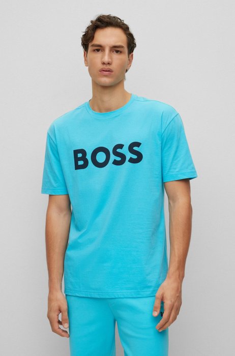 T-shirt van katoenen jersey met ronde hals en logoprint, Lichtblauw