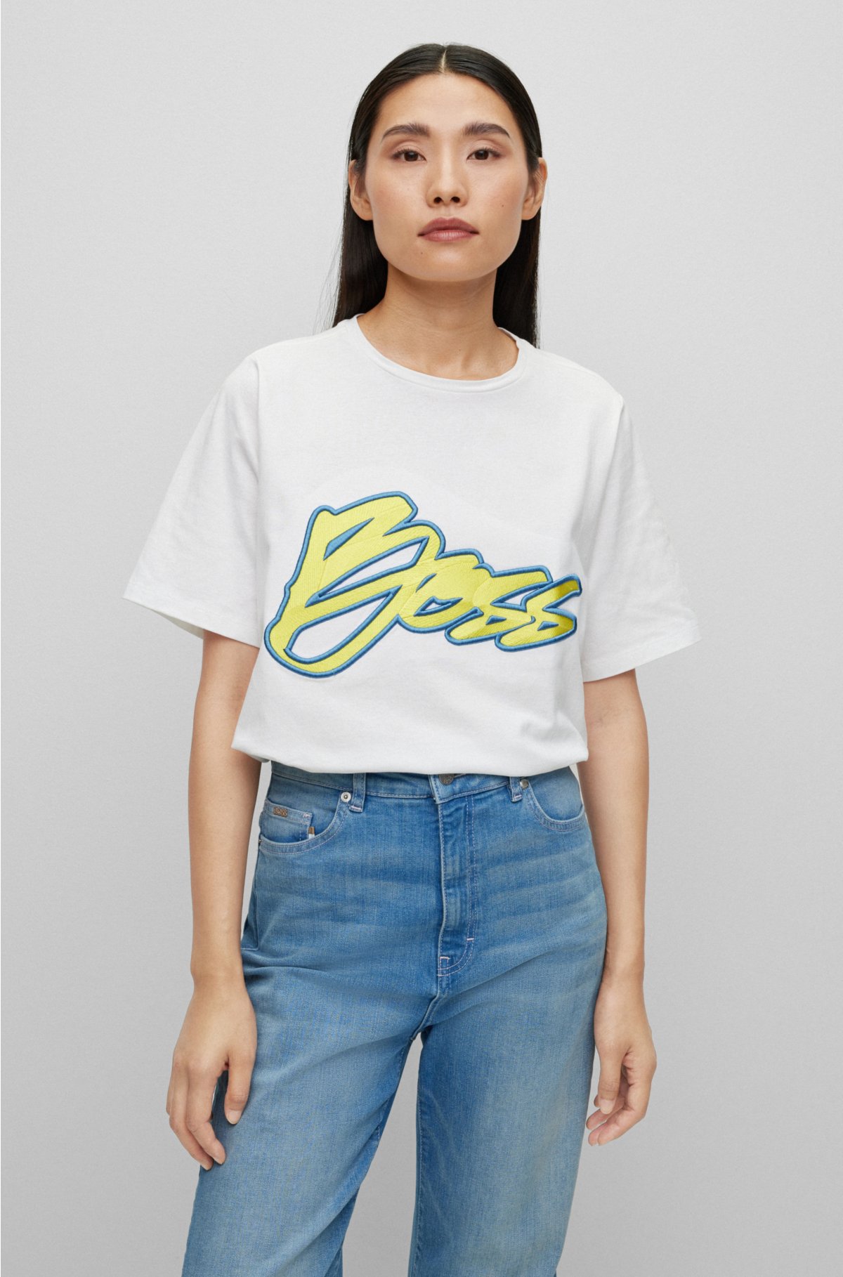 eb formaat Oxide BOSS - T-shirt van biologische katoen met logostiksel en pailletten
