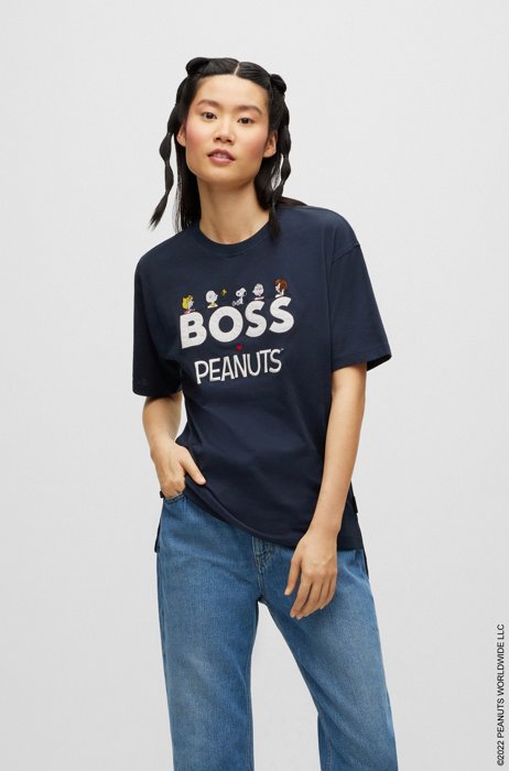 BOSS x PEANUTS relaxed-fit T-shirt in organic cotton with logo artwork, Dark Blue