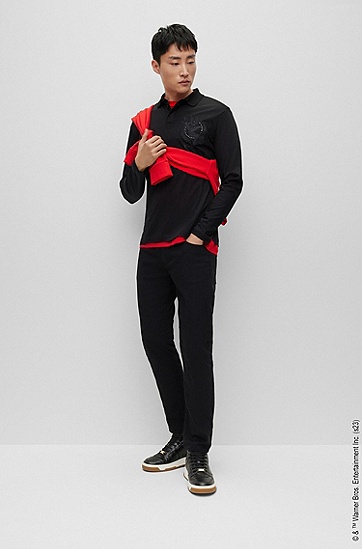 BOSS 博斯专属艺术风图案丝光棉质长袖 Polo 衫,  001_Black