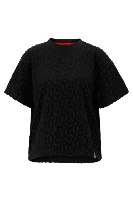 Relaxed-fit pyjama T-shirt with jacquard-woven stacked logos, Black