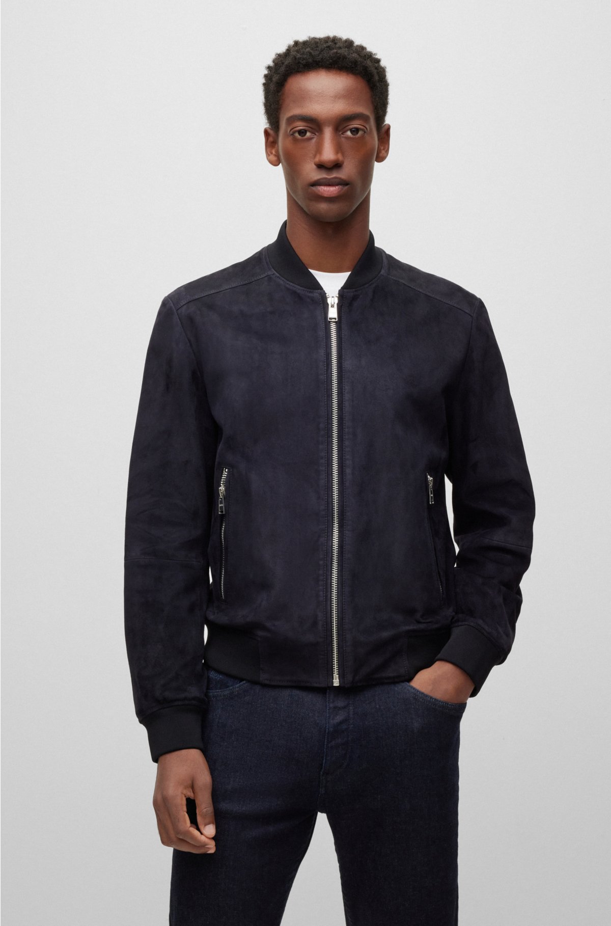 BOSS - Suede bomber jacket with knitted trims