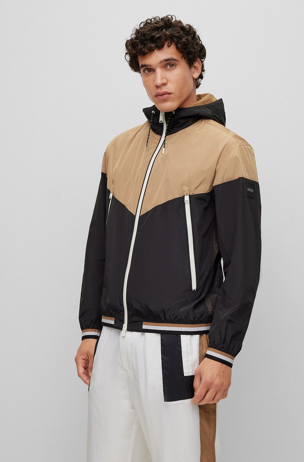 Water-repellent hooded jacket in recycled material, Beige