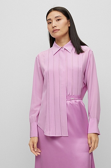 BOSS 博斯宽松版型纯真丝帆布正面打褶女士衬衫,  696_Open Pink