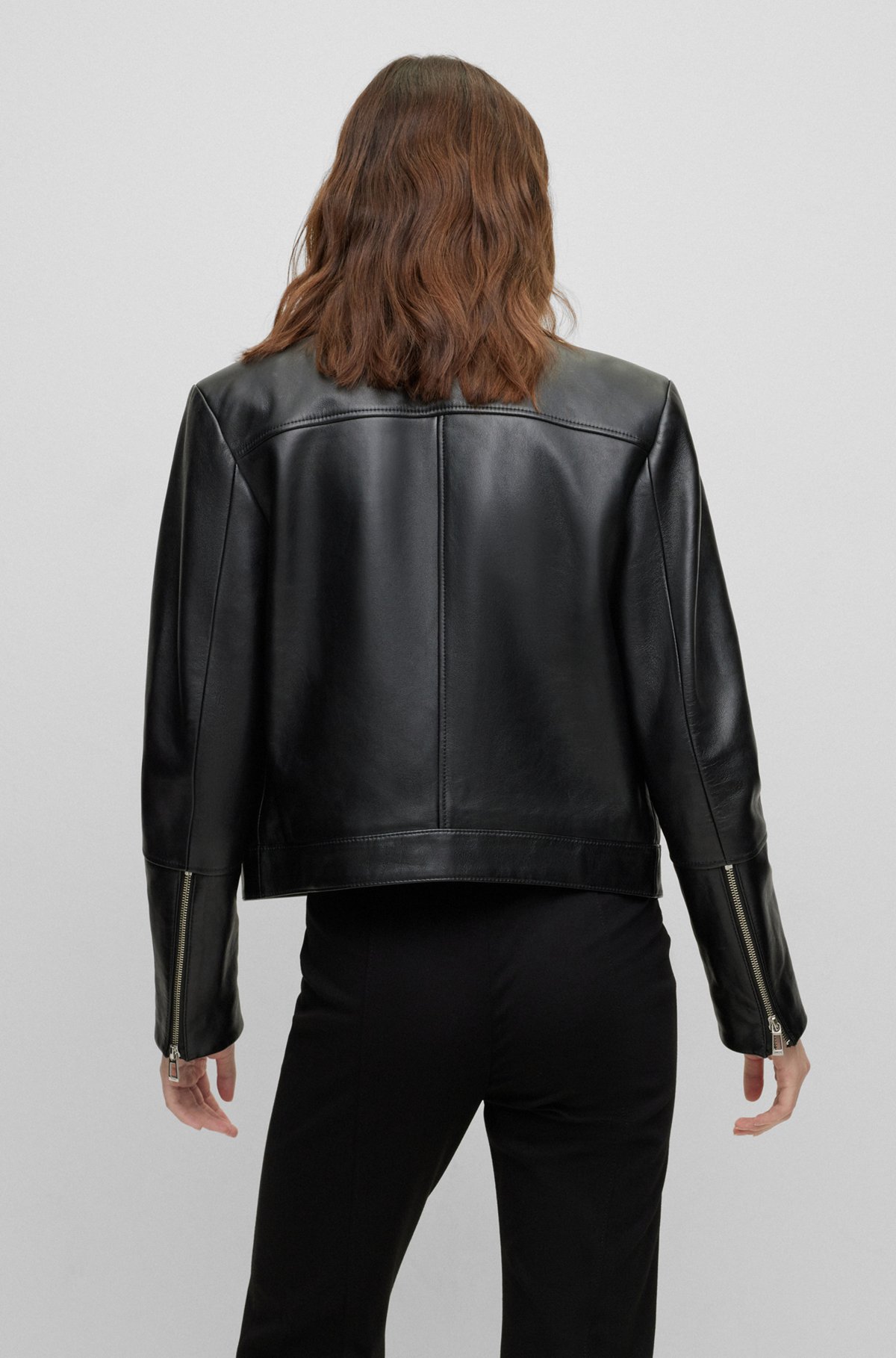 HUGO - Leather biker jacket with monogram-motif lining