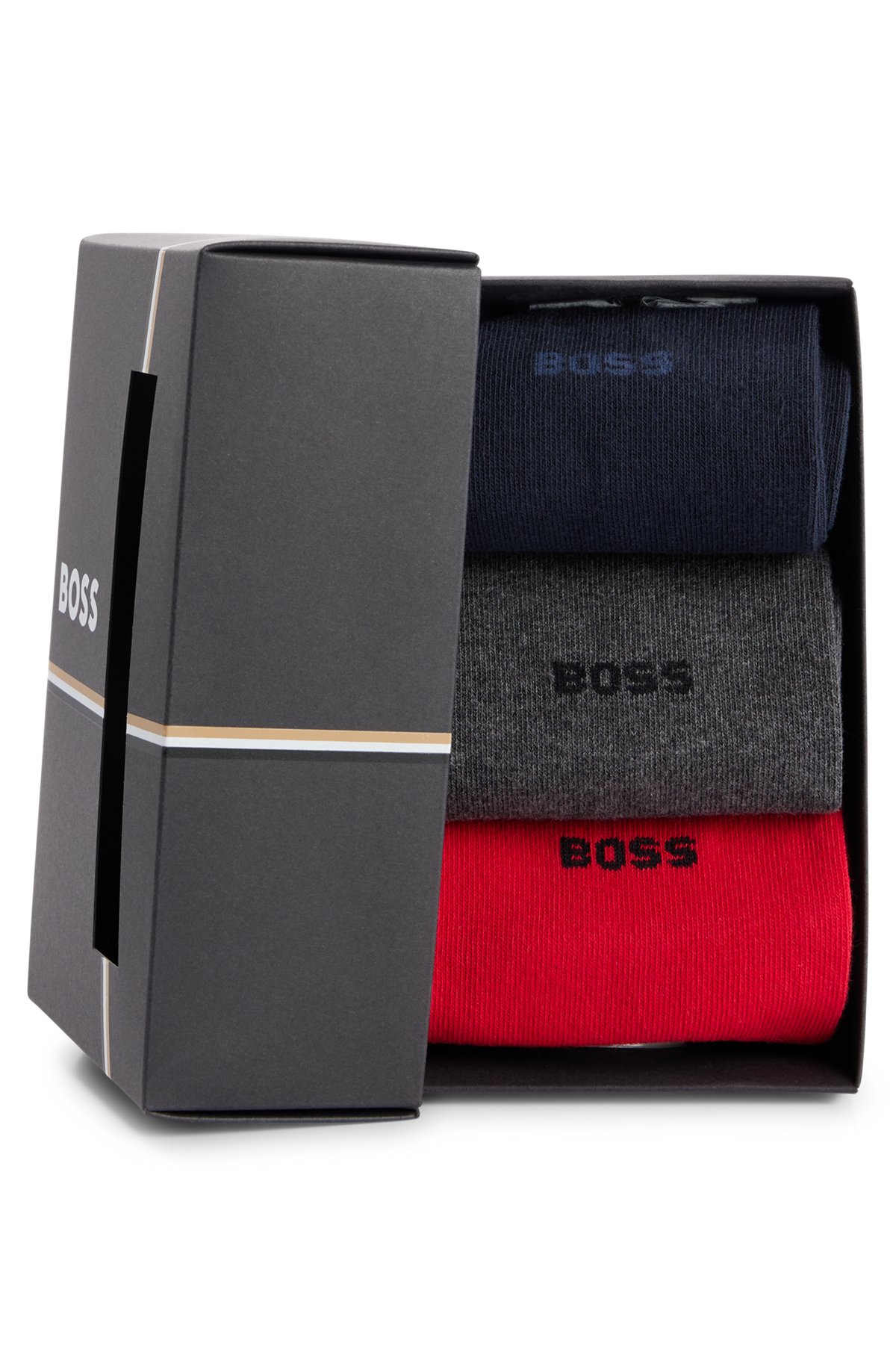 Three-pack of regular-length socks - gift set, Grey / Red / Blue