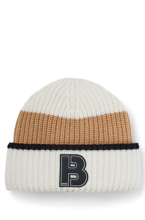 Wool-blend beanie hat with monogram patch, Patterned