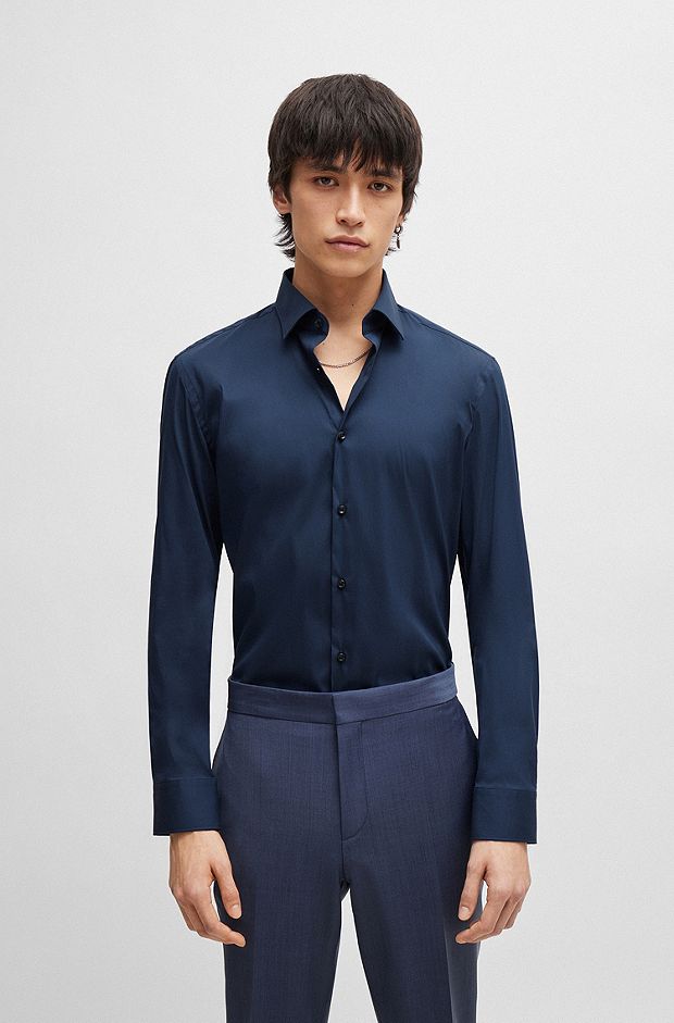 Slim-fit shirt in cotton-blend poplin, Dark Blue
