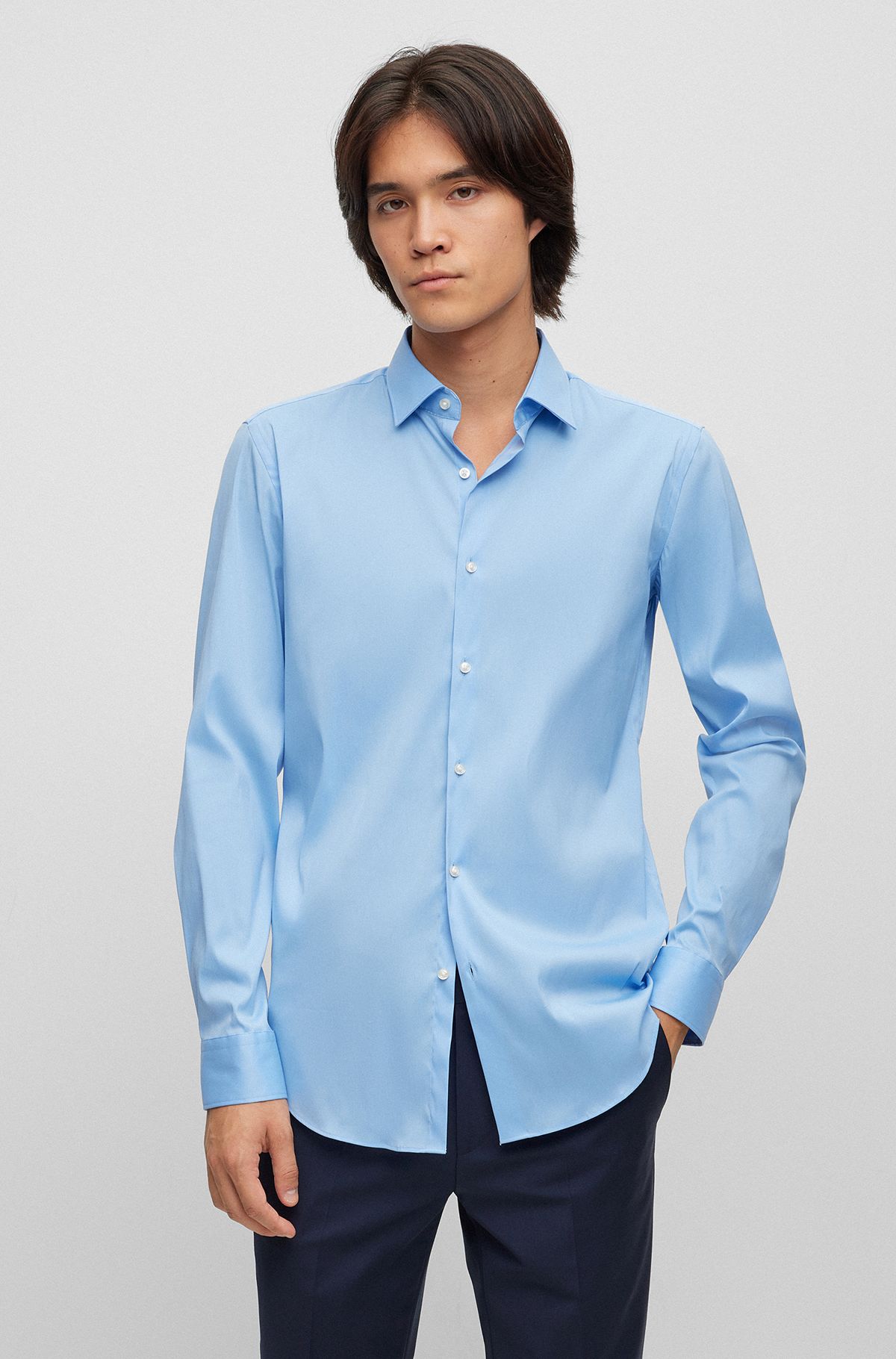 Slim-fit overhemd in popeline van een katoenmix, Blauw