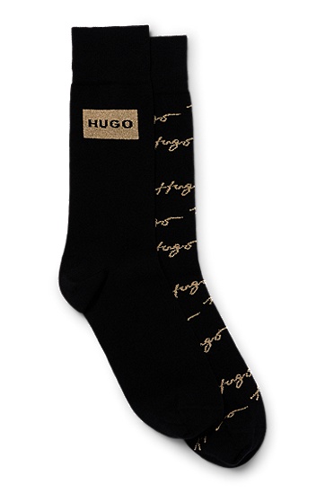 HUGO 雨果徽标细节中长袜两双装,  001_Black