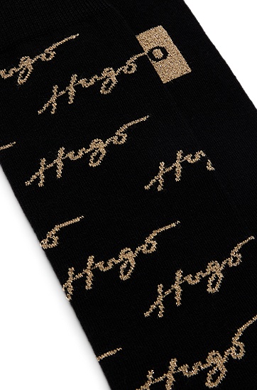 HUGO 雨果徽标细节中长袜两双装,  001_Black