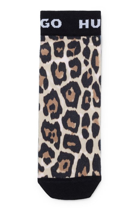 Ankle-length socks with leopard print and logo, Black