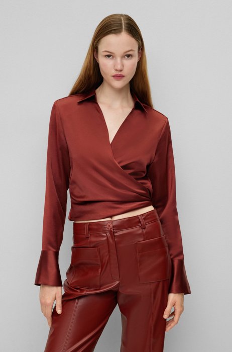 Relaxed-fit satin blouse with tie front, Dark Red