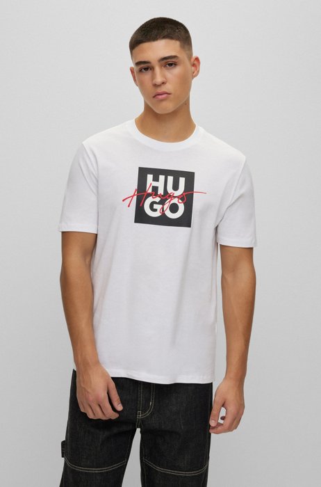 Cotton-jersey T-shirt with stacked and handwritten logos, White