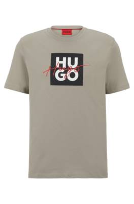 Hugo Cotton-jersey T-shirt With Stacked And Handwritten Logos In Green