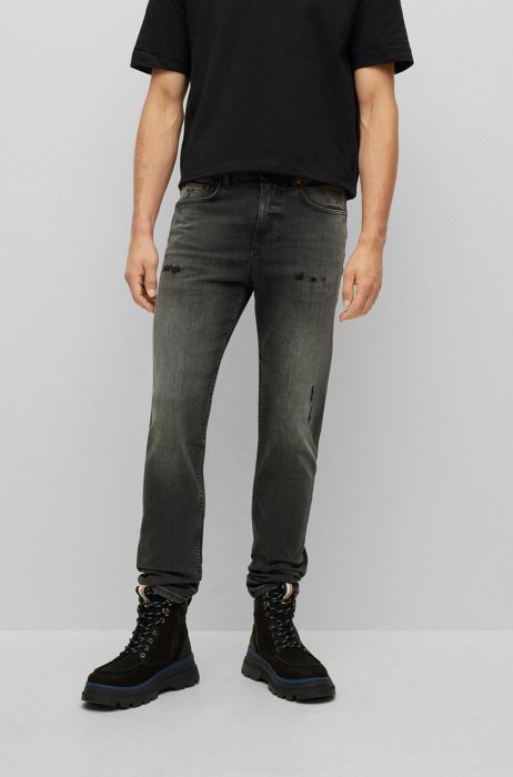 Tapered-fit jeans van zwavelzwart comfortabel stretchdenim, Zwart