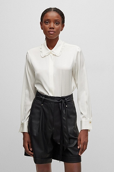 BOSS 博斯常规版型褶边衣领弹力真丝女士衬衫,  112_Open White