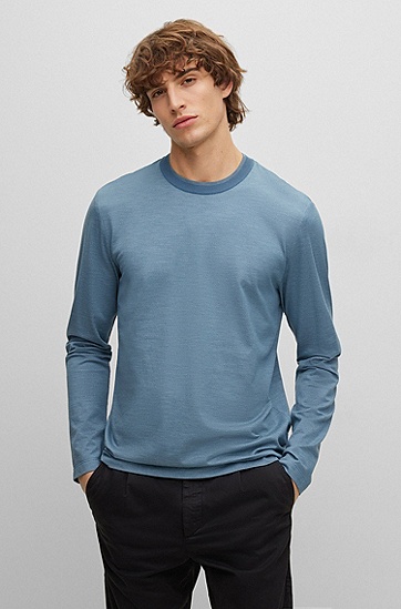 BOSS 博斯泡泡结构棉质真丝混纺长袖 T 恤,  464_Open Blue