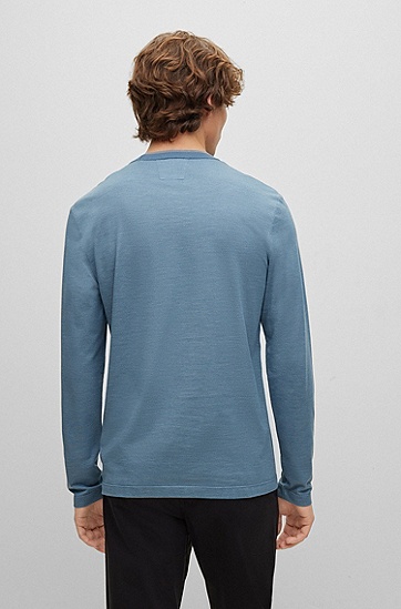 BOSS 博斯泡泡结构棉质真丝混纺长袖 T 恤,  464_Open Blue