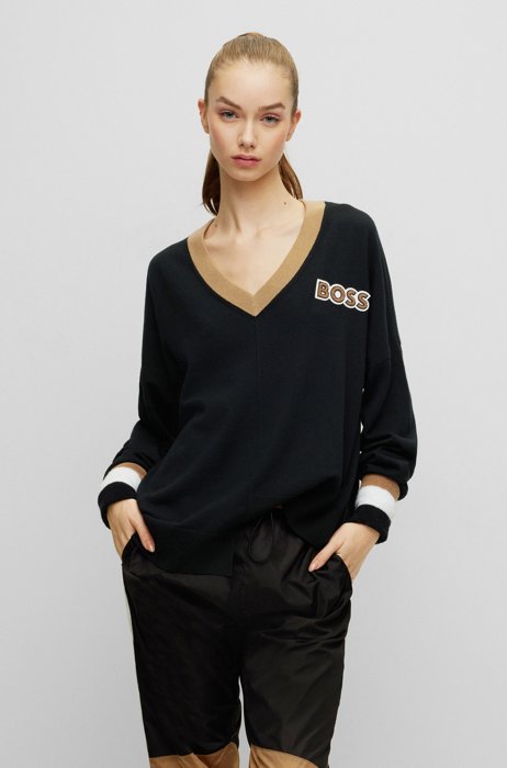 BOSS x Alica Schmidt logo sweater in virgin wool with stepped hem, Black