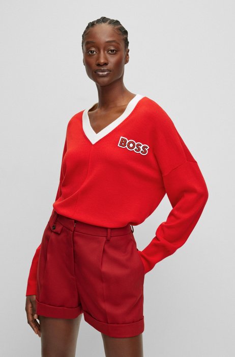 BOSS x Alica Schmidt logo sweater in virgin wool with stepped hem, Red