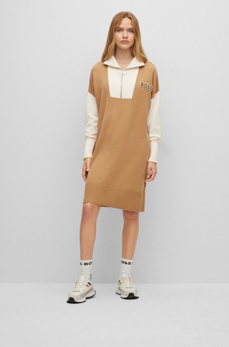 BOSS x Alica Schmidt zip-neck logo dress in cotton and wool, Beige
