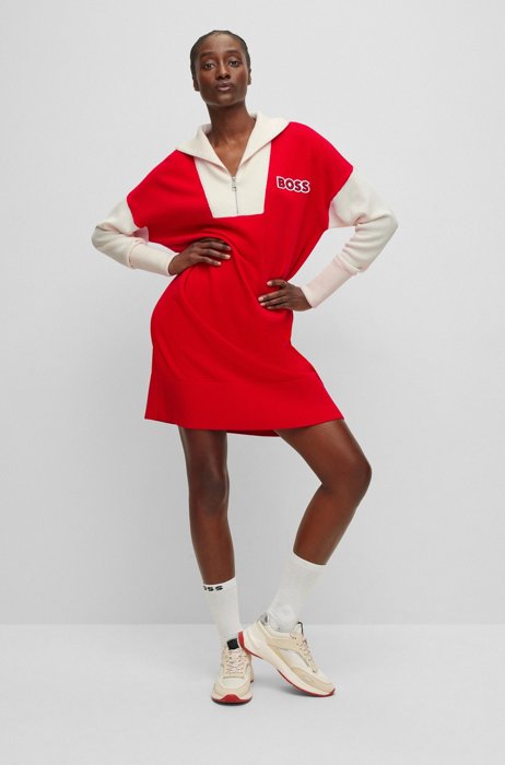 BOSS x Alica Schmidt zip-neck logo dress in cotton and wool, Red