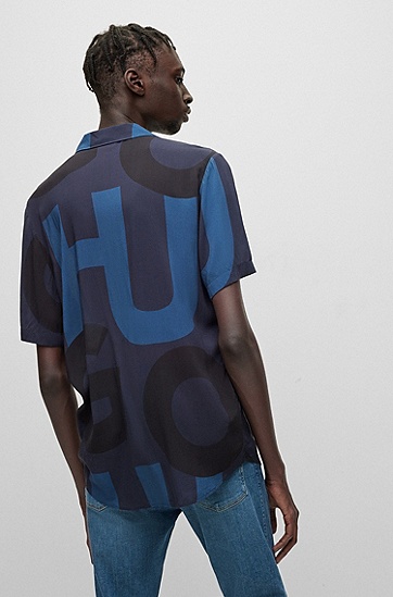 HUGO 雨果层叠徽标印花宽松版型衬衫,  405_Dark Blue