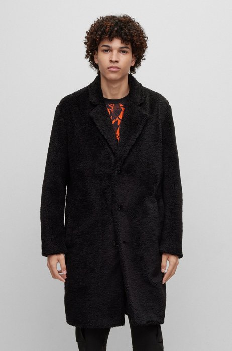 Regular-fit coat in teddy fabric, Black