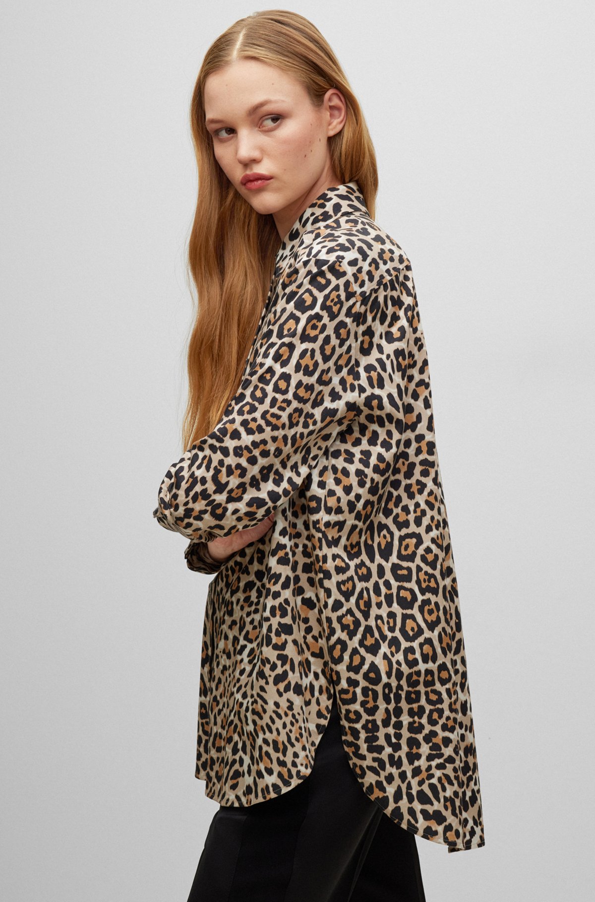 Oversized-fit blouse van popeline met luipaarddessin, Bedrukt