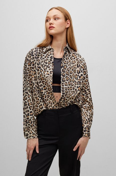 HUGO - Oversized-fit blouse in leopard-print poplin