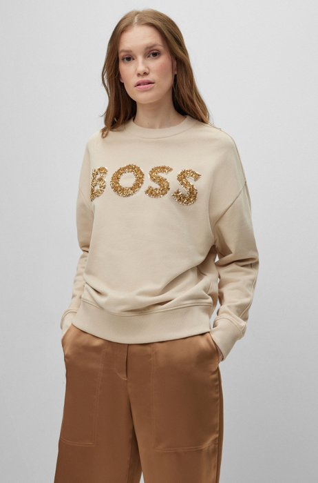Cotton-blend oversized-fit sweatshirt with sequin logo, Beige