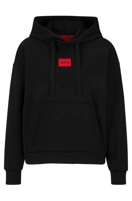 Relaxed-fit loungewear hoodie with red logo label, Black