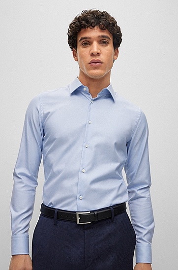 BOSS 博斯免熨烫棉质斜纹布修身衬衫,  451_Light/Pastel Blue