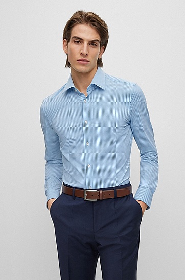 BOSS 博斯印花高弹平纹针织面料修身版衬衫,  420_Medium Blue