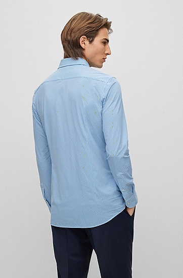 BOSS 博斯印花高弹平纹针织面料修身版衬衫,  420_Medium Blue