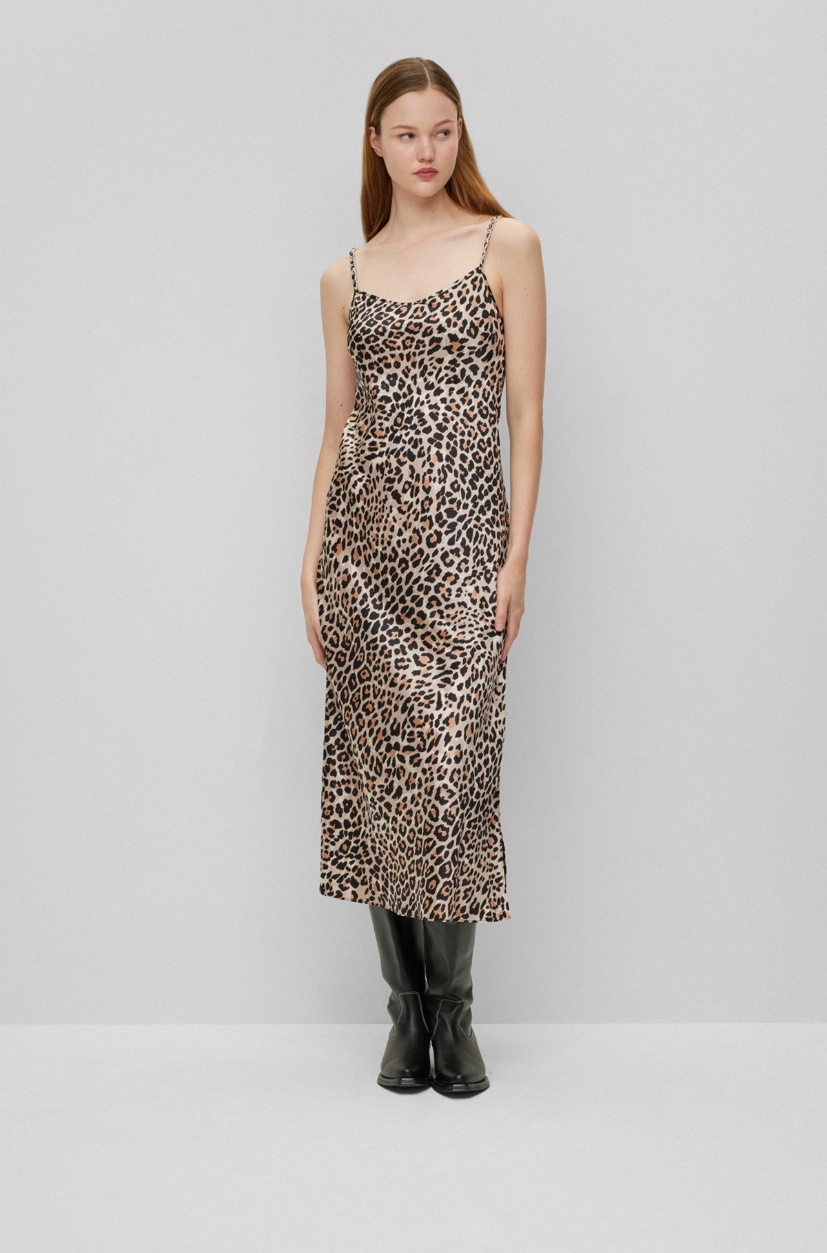 HUGO - Leopard-print slip dress with chain-detail straps