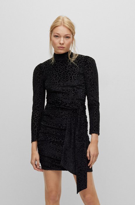 Burnout-leopard-print velvet mini dress with belt detail, Black