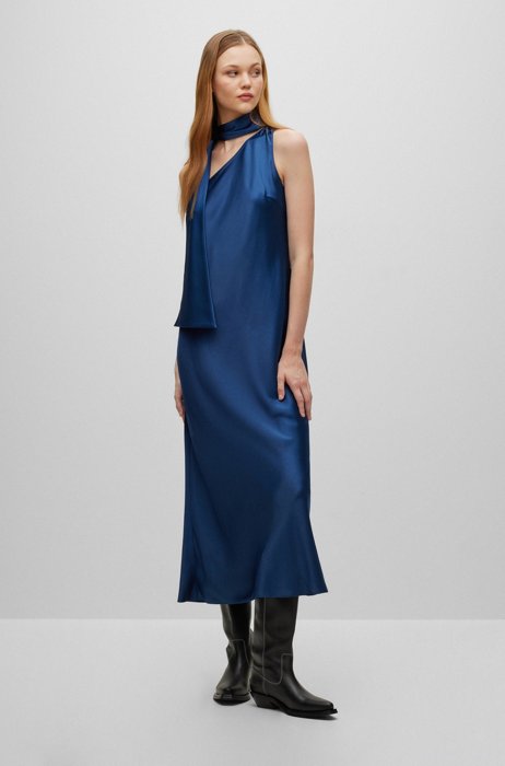 Scarf-neckline evening dress in lustrous satin, Dark Blue