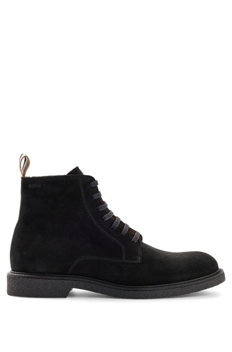 Half boots in suede with embossed logo, Black