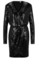 Slim-fit jurk met pailletten en vaste overslag aan de voorkant, Zwart