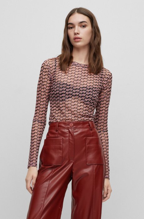 Slim-fit long-sleeved T-shirt in stretch mesh, Red Patterned