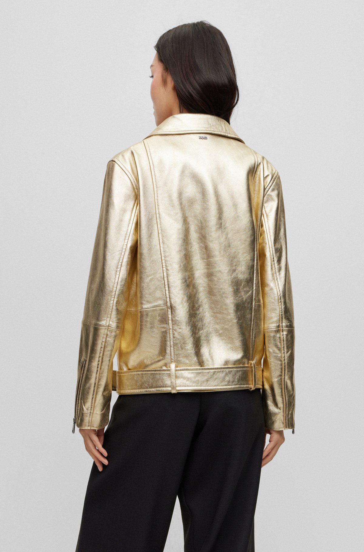 BOSS - Metallic-leather jacket with zipped cuffs and eyelet belt