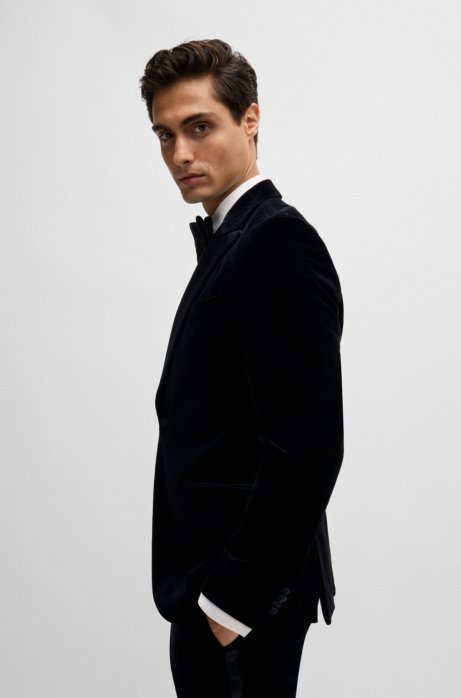 Hugo Boss Slim-fit Tuxedo Jacket In Pure-cotton Velvet In Black