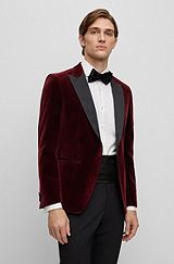 Slim-fit tuxedo jacket in pure-cotton velvet, Dark Red
