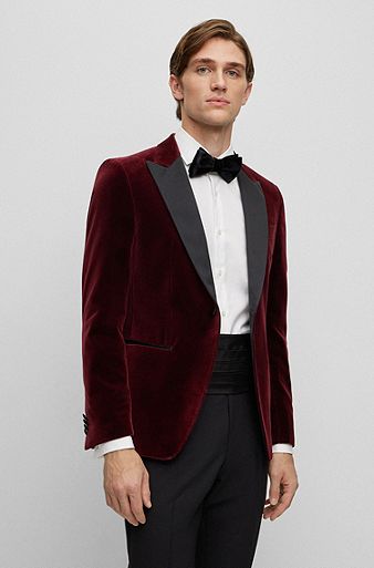 Slim-fit tuxedo jacket in pure-cotton velvet, Dark Red