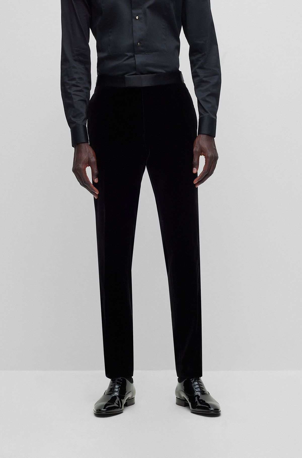 Slim-fit tuxedo trousers in pure-cotton velvet, Black